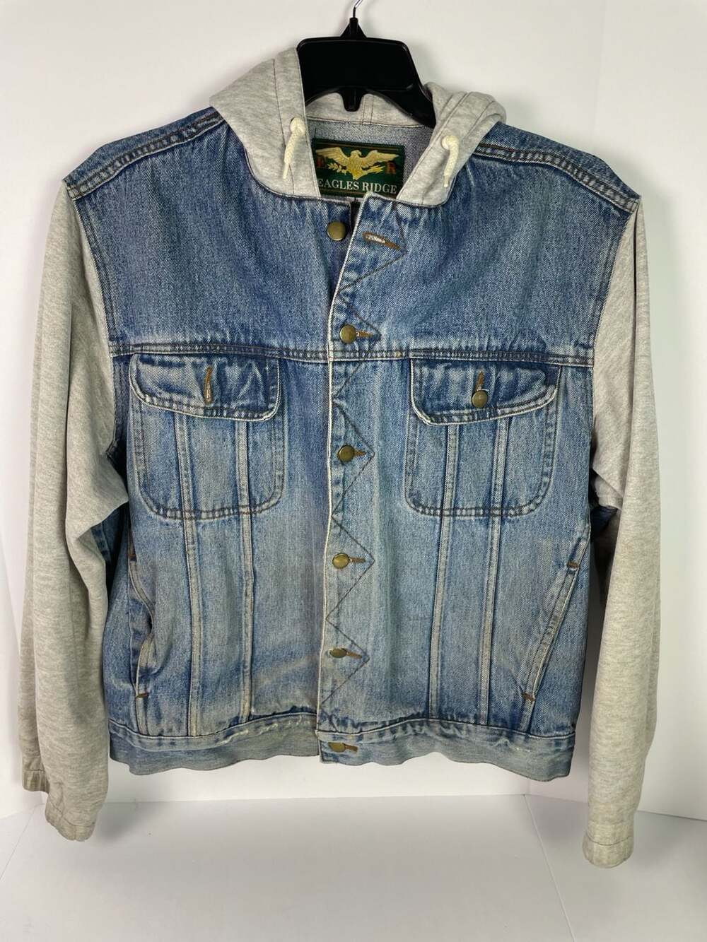 Vintage 90s Eagles Ridge Hooded Denim Trucker Jacket w/ Grey Fleece Sleeves Sz L